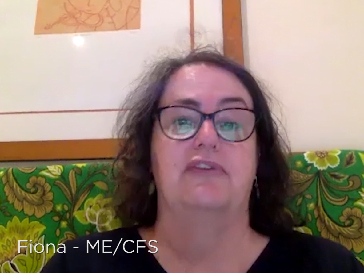 A woman with mecfs is talking to the camera.